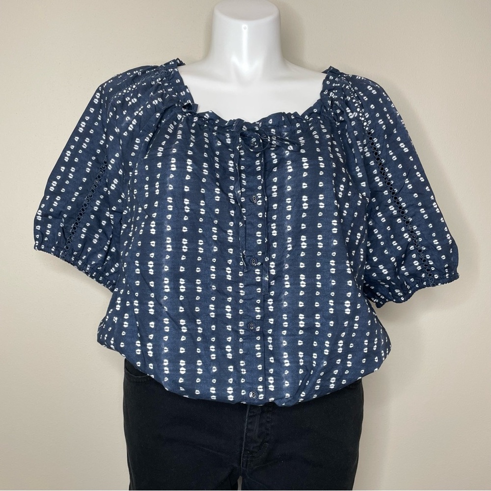 Lane Bryant Navy Blue and White Cotton Puff Sleeve Peasant Blouse